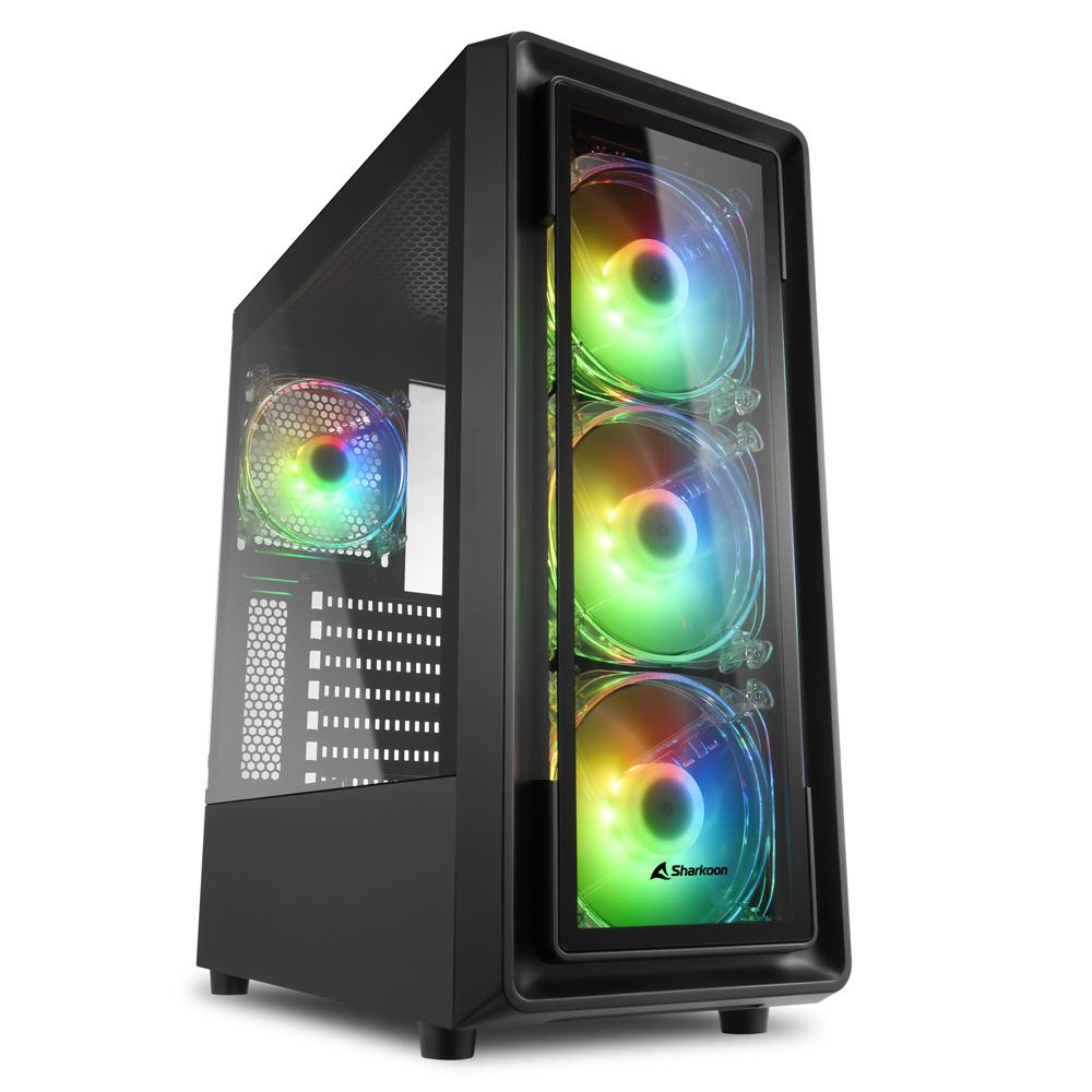 Sort Sharkoon TK4 RGB med glasfront og fire belyste blæsere