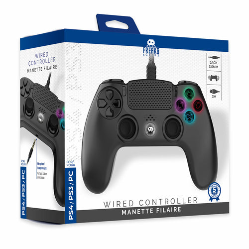 Freaks and Geeks – sort PS4-controller med 3 m kabel – emballage, forside