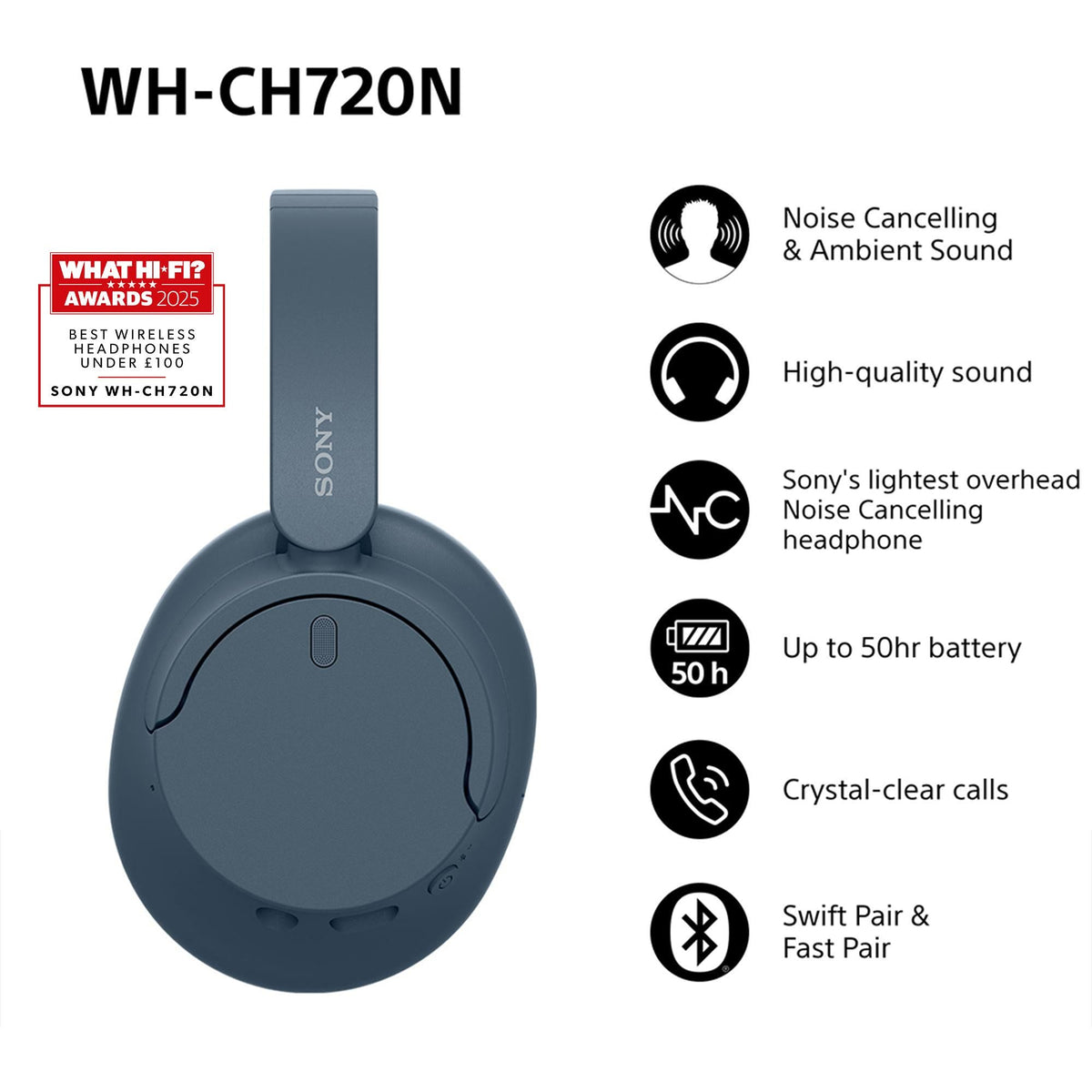 Sony WH-CH720N – trådløse hovedtelefoner med støjreduktion – blå – produktdetalje 4