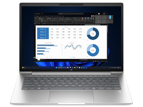 HP ProBook 4 G1iR 14 i sølv med åben skærm; tastaturlayout er illustrativt