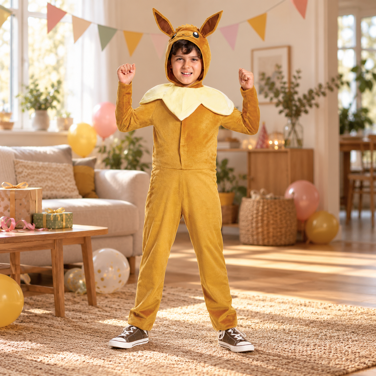 Eevee-kostume med hætte vist i stue med festpynt