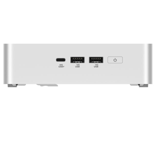 ASUS NUC 15 Pro+ mini-PC i sølv med USB-porte foran