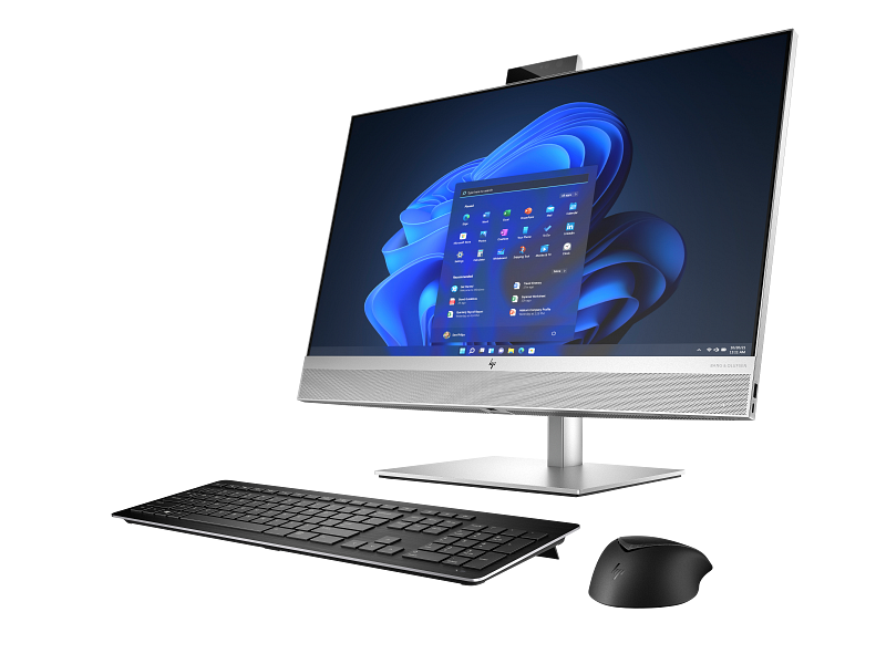 HP EliteOne 870 G9 AiO – 27", Core i9-14900, 64 GB, 1 TB – producentillustration af alt-i-en-PC med tastatur og mus