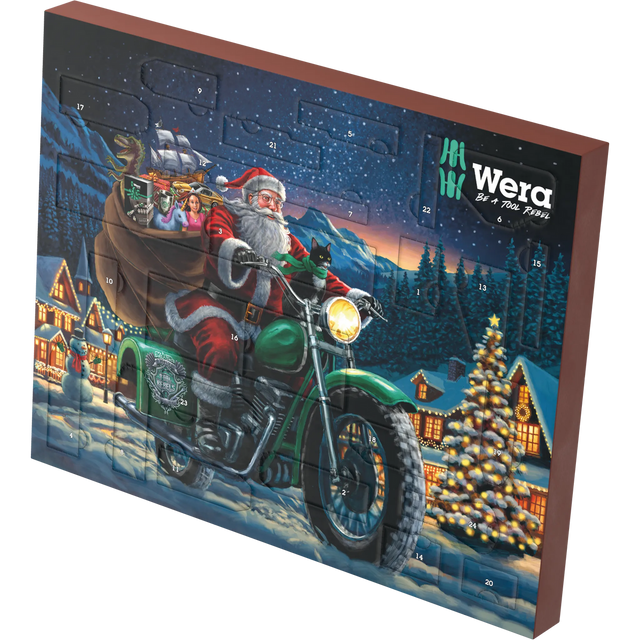 Wera værktøjsjulekalender med julemand på motorcykel og nummererede låger