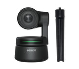 OBSBOT Tiny-webcam med grøn lysindikator og sammenfoldet stativ