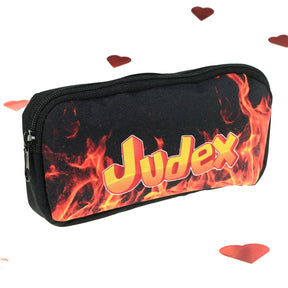 Sort Judex-penalhus med orange logo og rødt flammemotiv