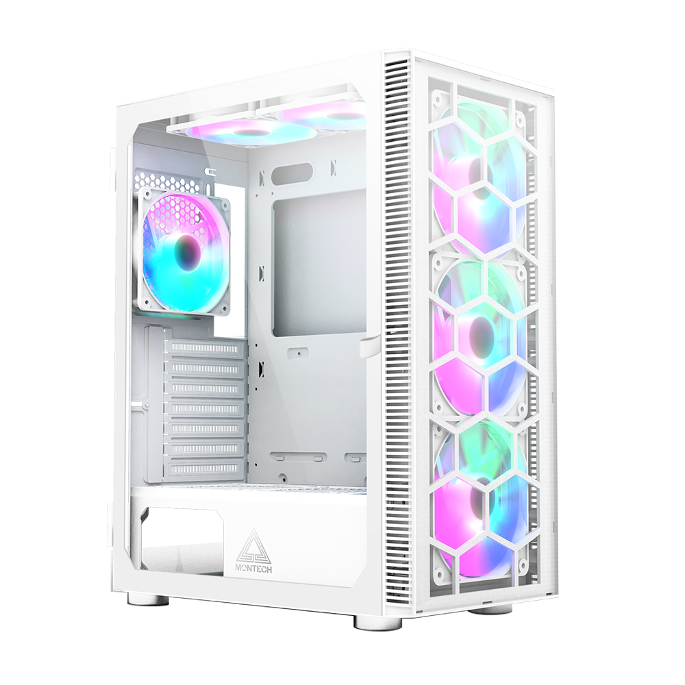 Montech X3 Glass White - 3x 140mm static RGB fans + 3x 120mm static RGB fans, Side Swivel Tempered Glass