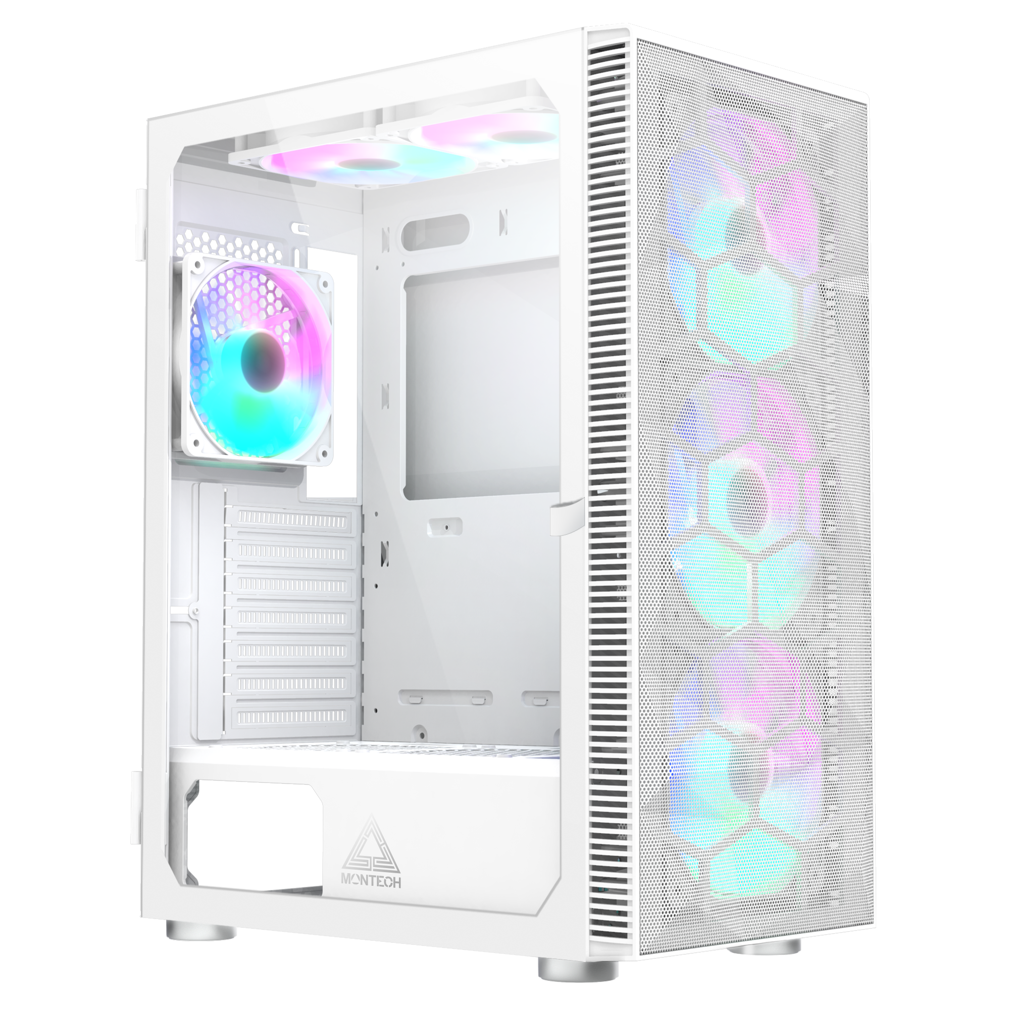 Montech X3 Mesh White - 3x 140mm static RGB fans + 3x 120mm static RGB fans, Side Swivel Tempered Glass
